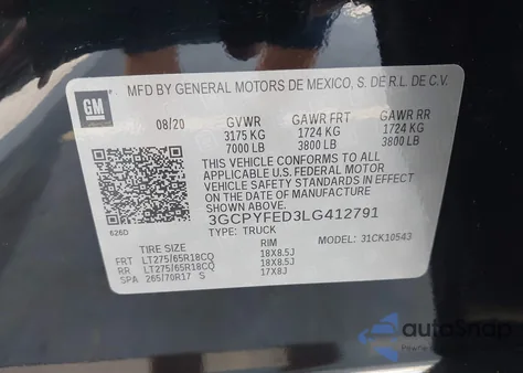 2020 Chevrolet Silverado 1500 4Wd Short Bed Lt Trail Boss из США, поврежденный, VIN 3GCPYFED3LG412791